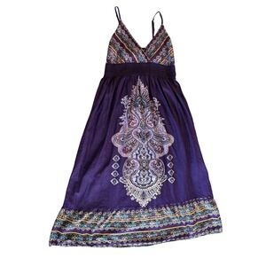 Fun & Flirt Purple Paisley Cotton Maxi Dress Smocked Waist Womens XL Boho V-Neck